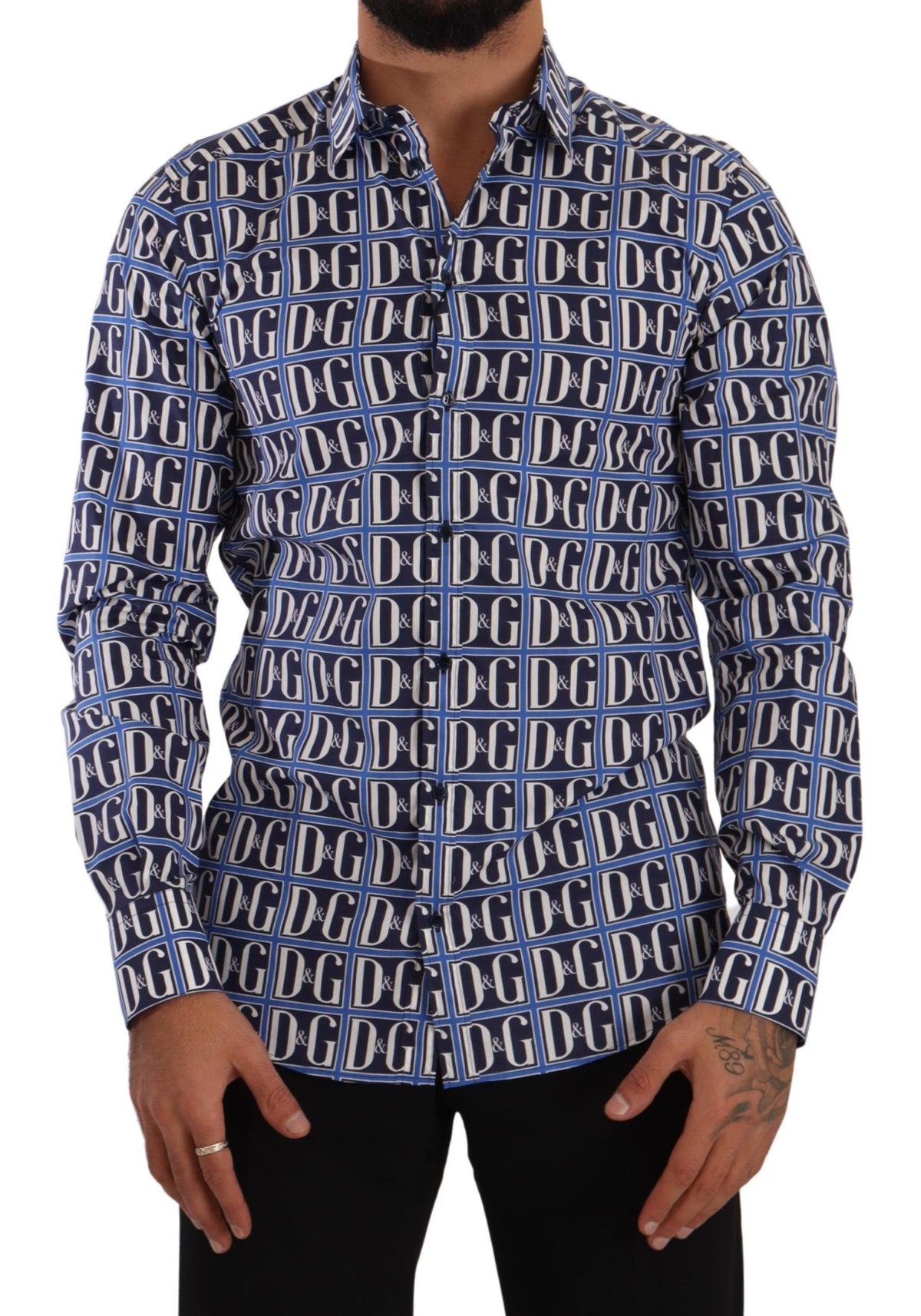 New Dolce & Gabbana Blue Logo Mania Slim Fit Cotton Shirt