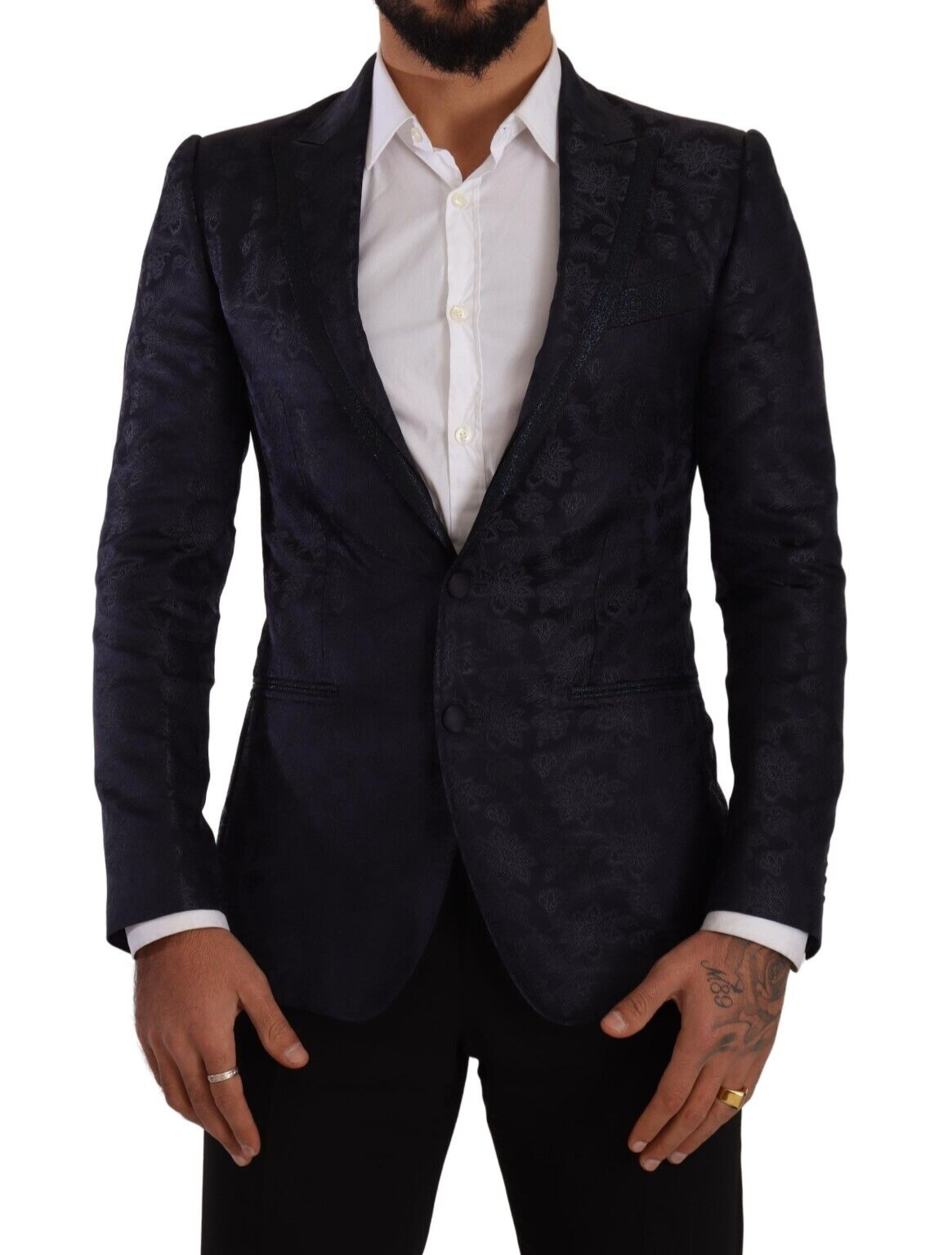 New Dolce & Gabbana Blue Floral Jacquard Silk Coat MARTINI Blazer
