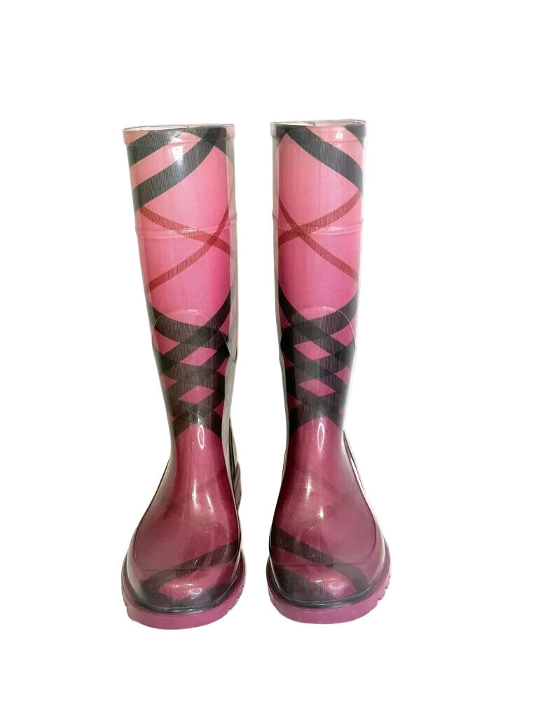 Burberry Pink and Black Plaid Rain Boots