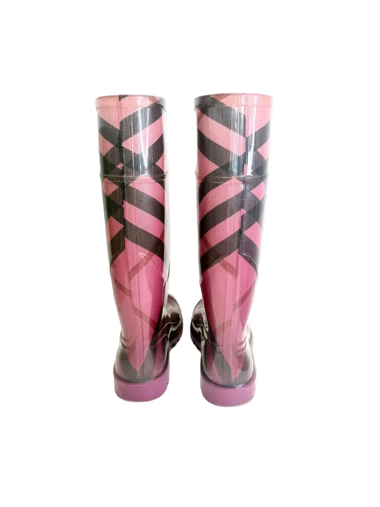 Pre-Owned Burberry Pink and Black Plaid Rain Boots Women's New