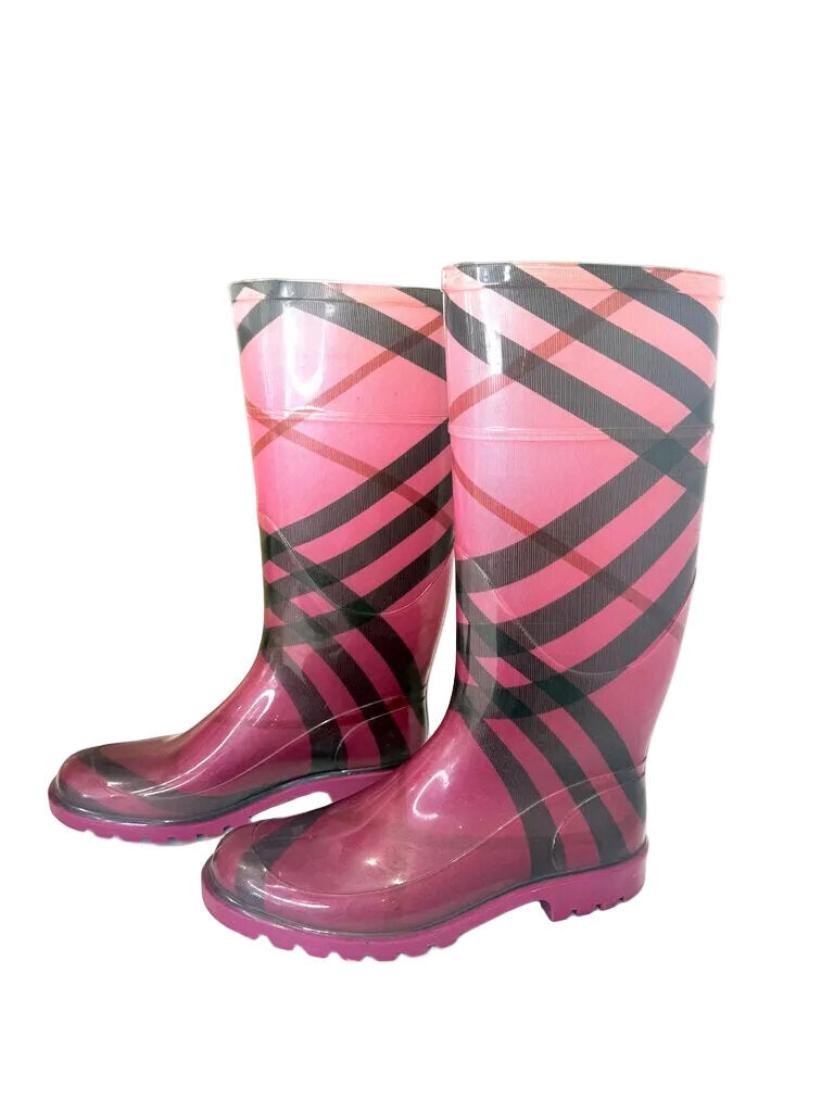 Burberry Pink and Black Plaid Rain Boots