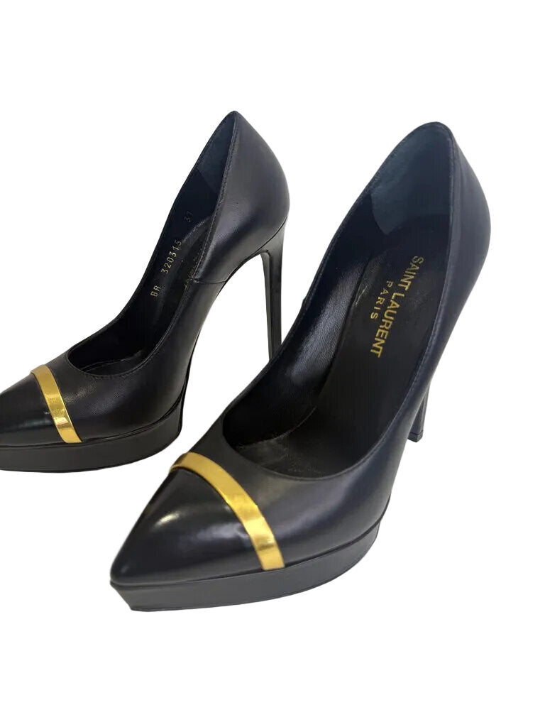 Pre-Owned Saint Laurent Black Heels with Gold Accent Women's New