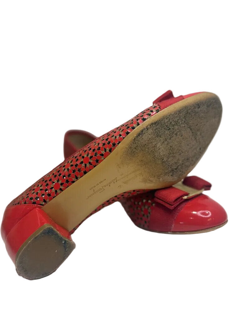 Ferragamo Red Stylish Heeled Flats with Bow