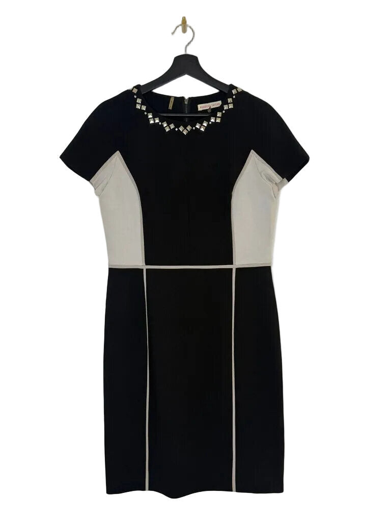 Black and Beige Cap Sleeve Dress with Studded Neckline