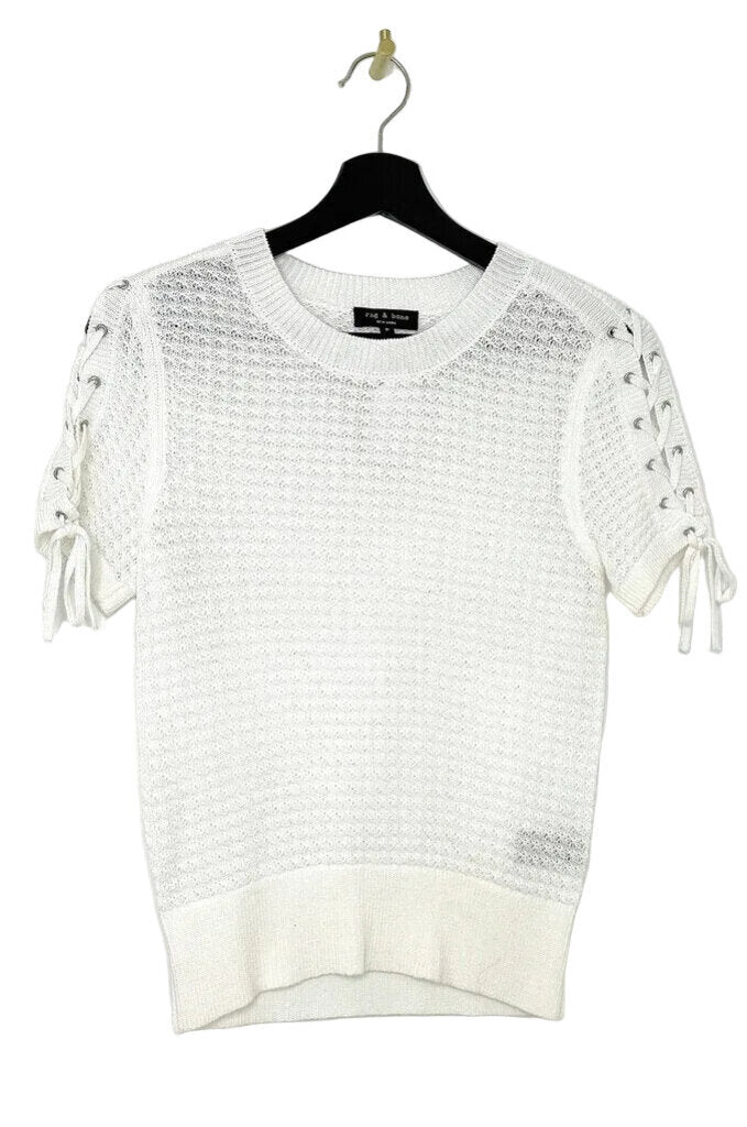 rag & bone White Knit Short Sleeve Sweater