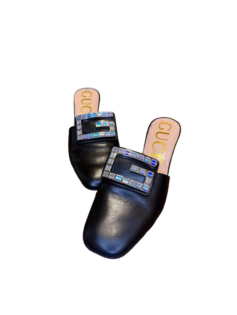 Gucci Black Heeled Mules with Gem Buckle