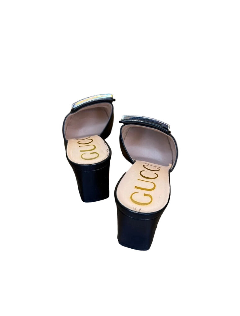 Gucci Black Heeled Mules with Gem Buckle