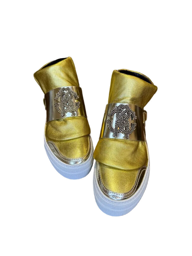 Roberto Cavalli Gold Metallic High-Top Sneakers with Decorative Strap