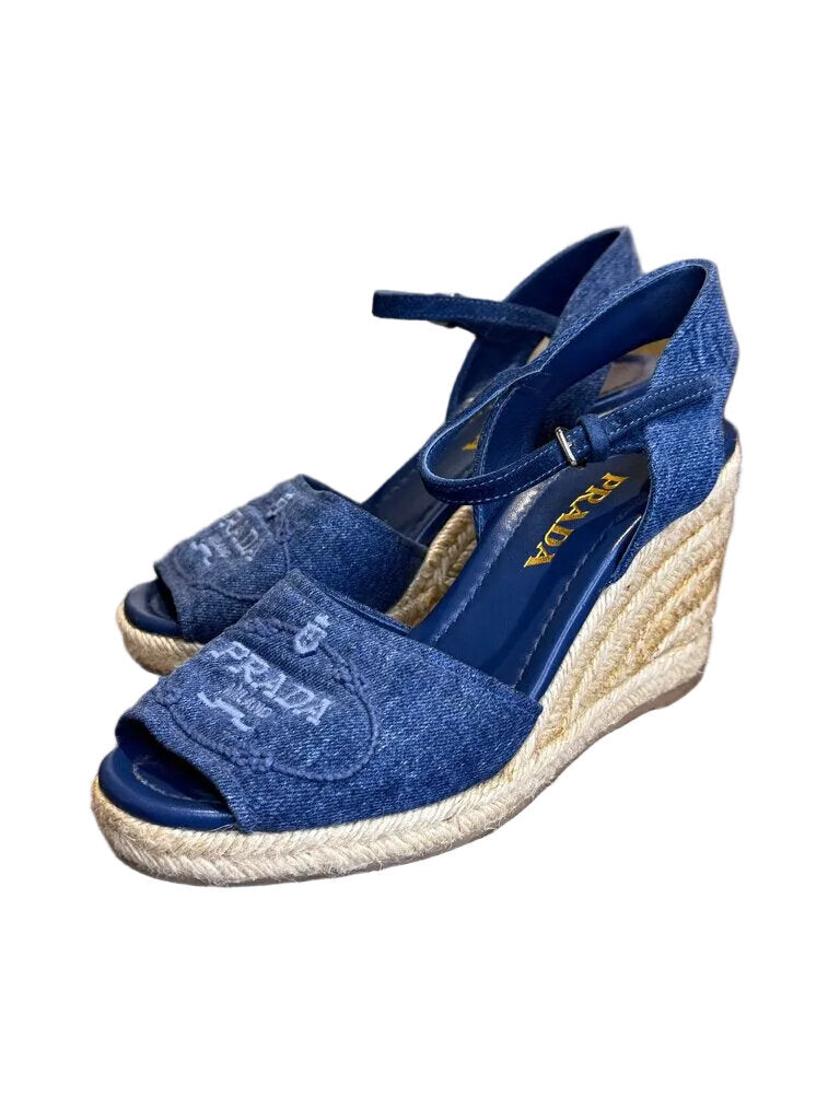 Prada Blue Denim Wedge Sandals