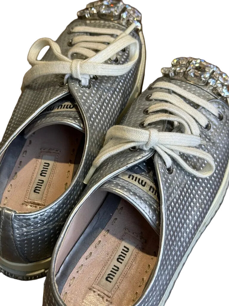 Miu Miu Silver Sneakers with Decorative Stones