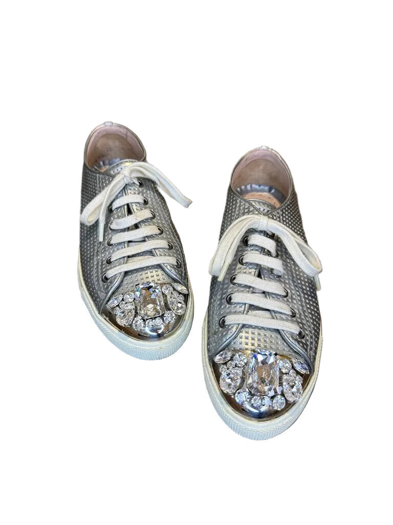 Miu Miu Silver Sneakers with Decorative Stones