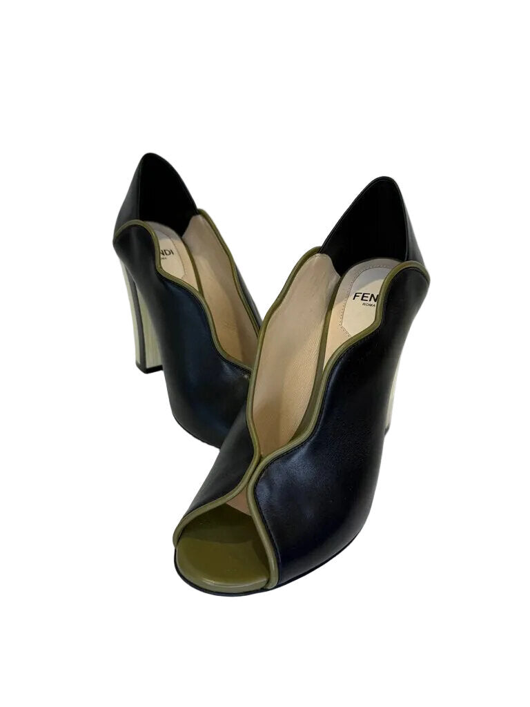 Fendi Black and Olive Peep Toe Heels