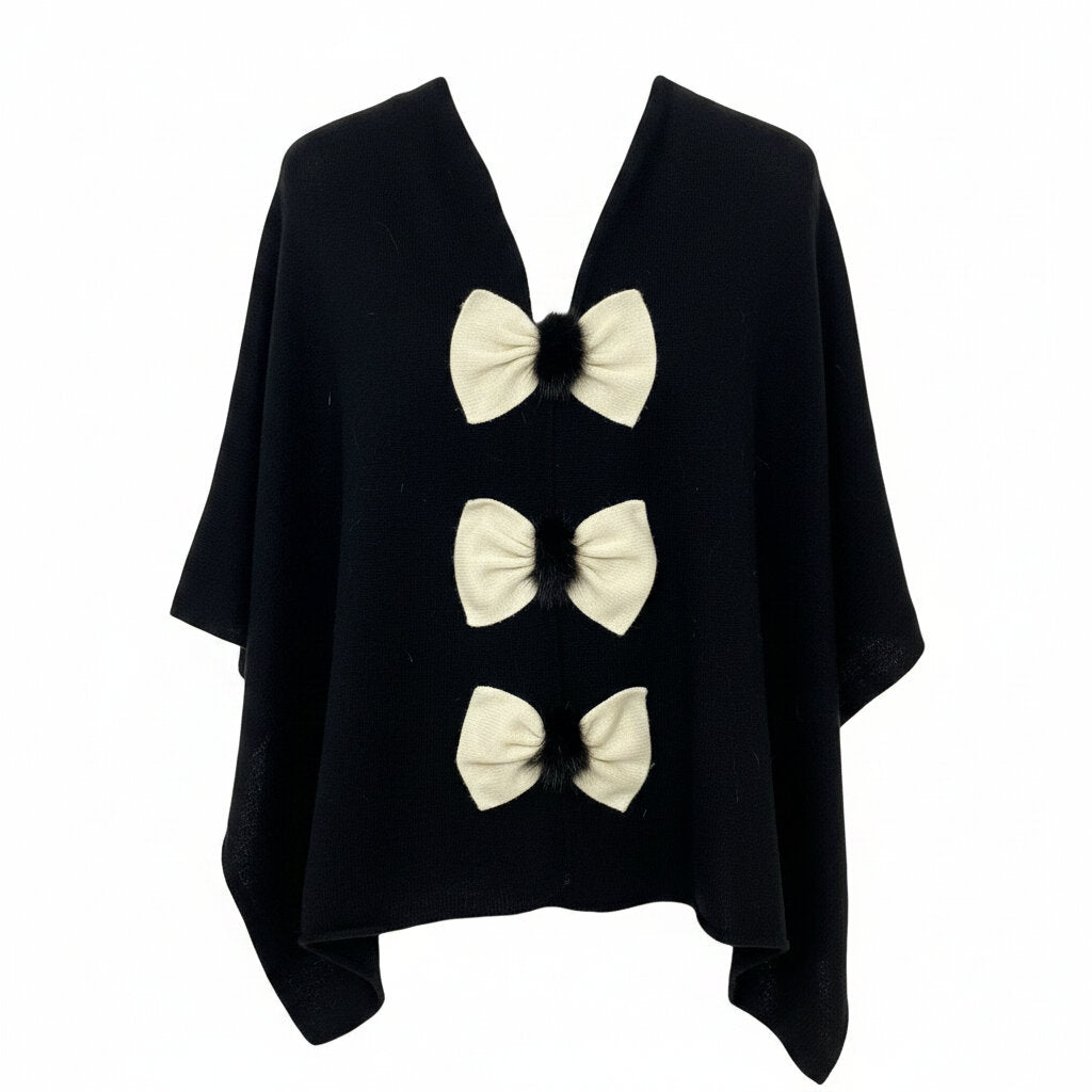 Black Mink Fur Poncho with Bow Accents