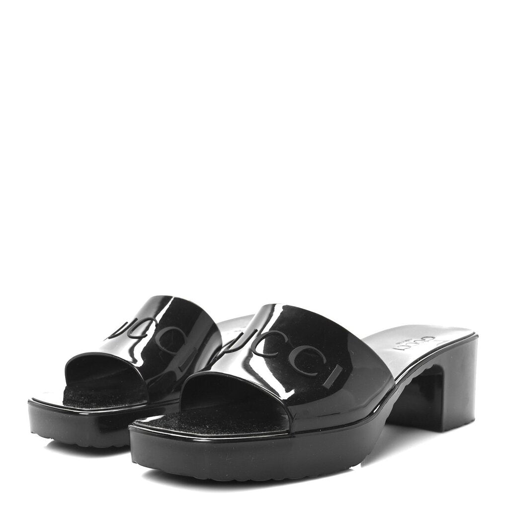 Gucci Black Rubber Logo Platform Slide Sandals