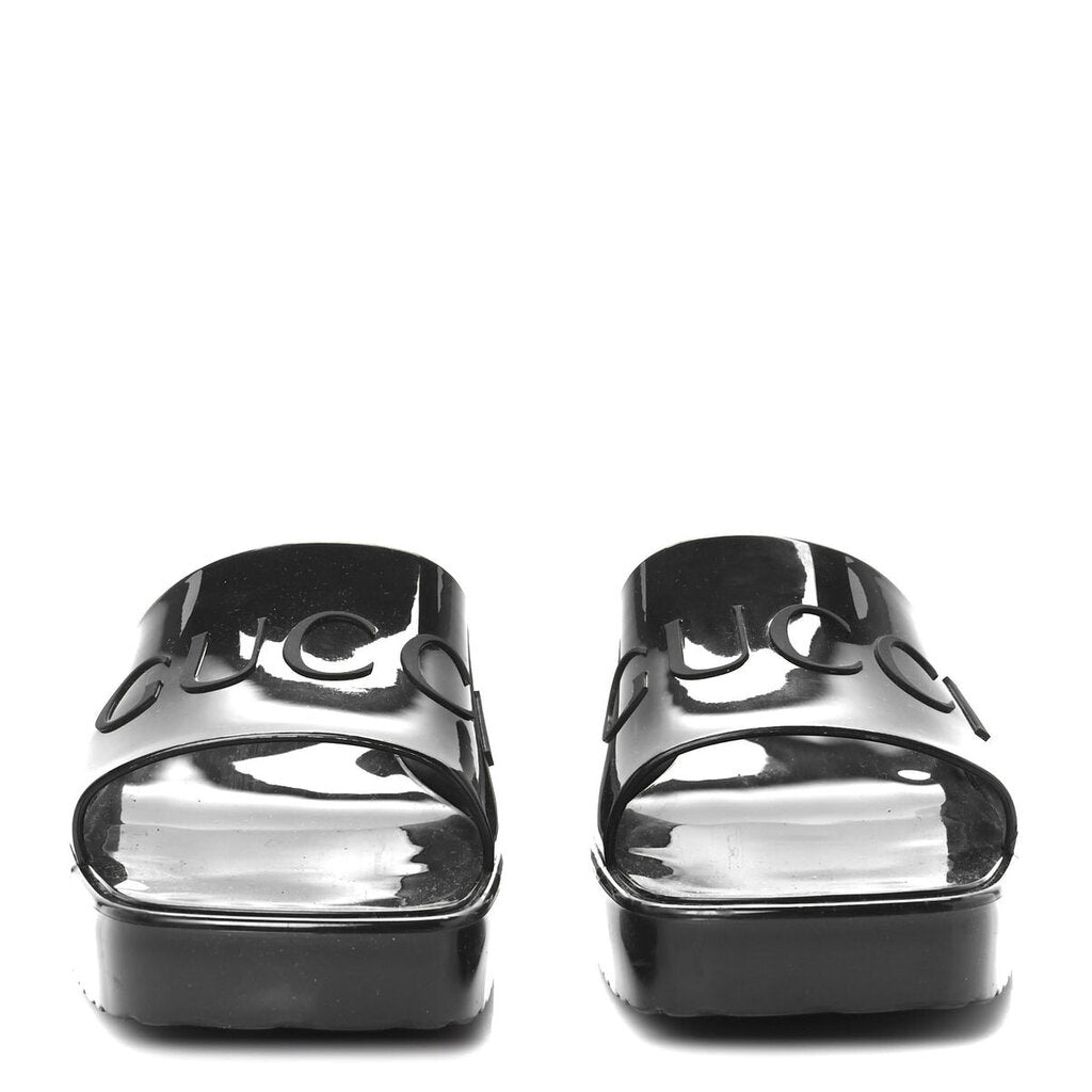 Gucci Black Rubber Logo Platform Slide Sandals
