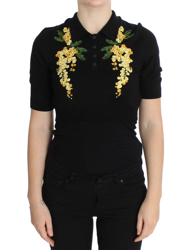 Dolce & Gabbana Black Silk Floral Embroidered Polo Top - PreLoved & Luxe