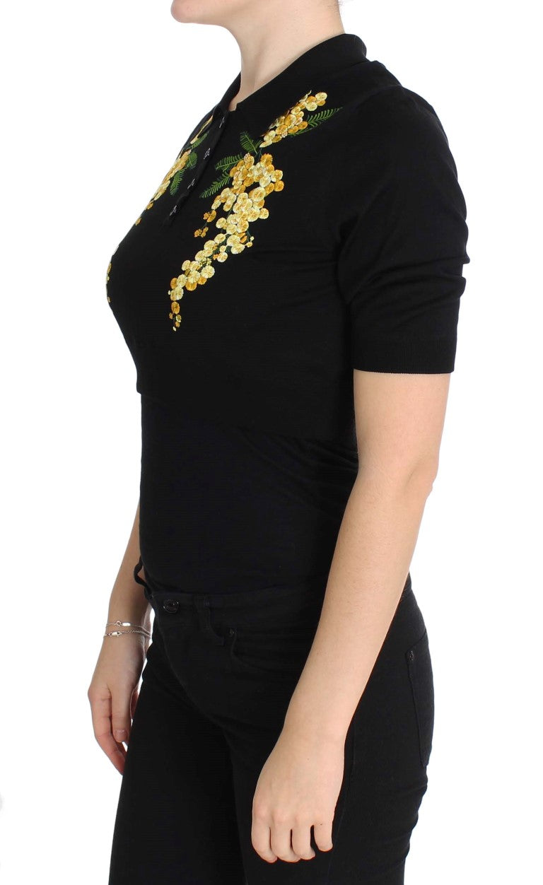 Dolce & Gabbana Black Silk Floral Embroidered Polo Top - PreLoved & Luxe