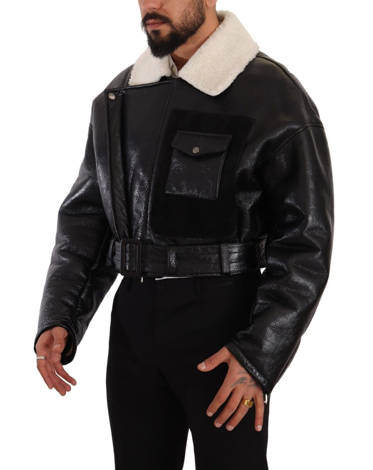 New Dolce & Gabbana Black Leather Shearling Biker Coat Jacket
