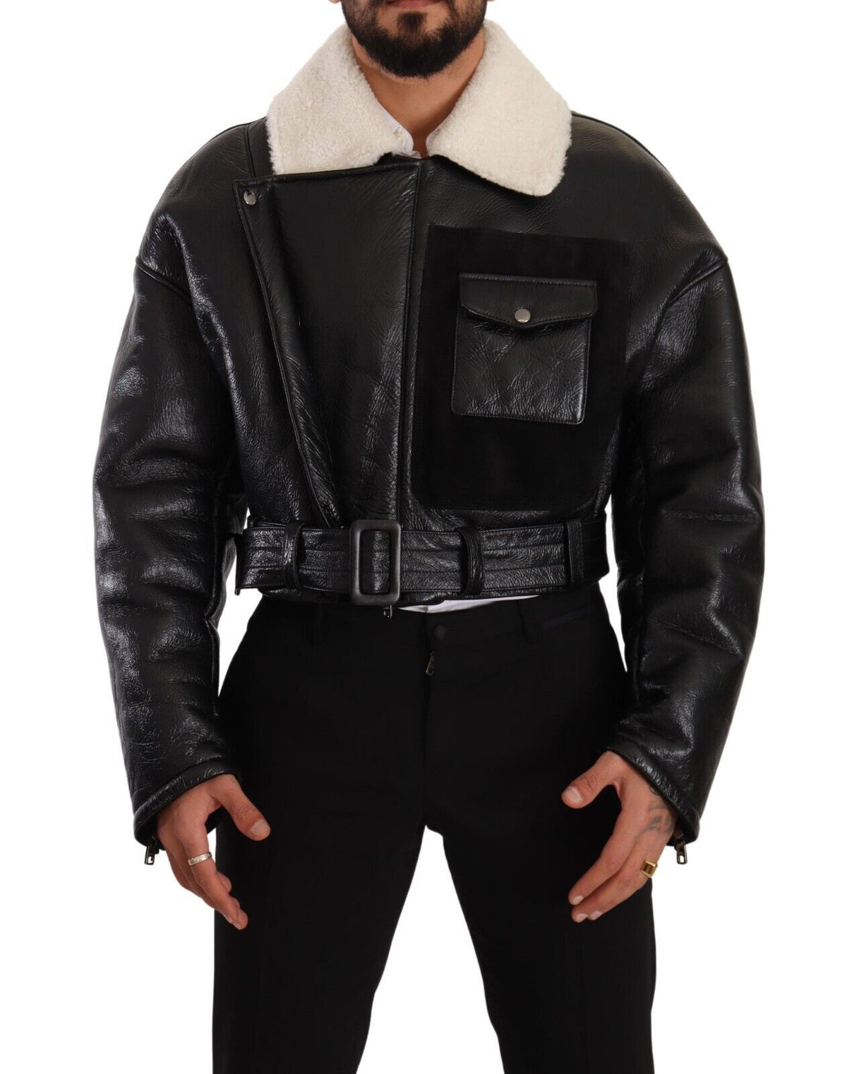 New Dolce & Gabbana Black Leather Shearling Biker Coat Jacket