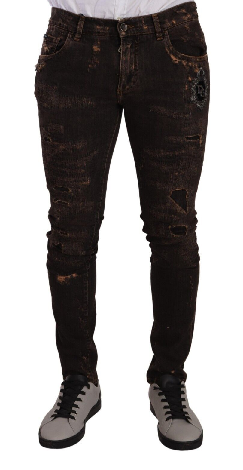 New Dolce & Gabbana Brown Distressed Slim Fit Skinny Denim Jeans