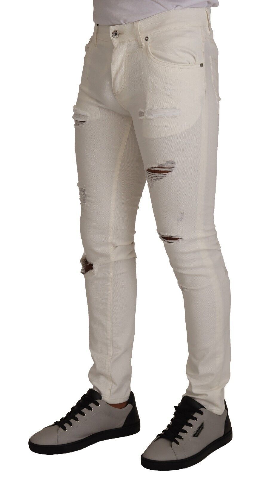 New Dolce & Gabbana White Tattered Skinny Cotton Men Denim Jeans