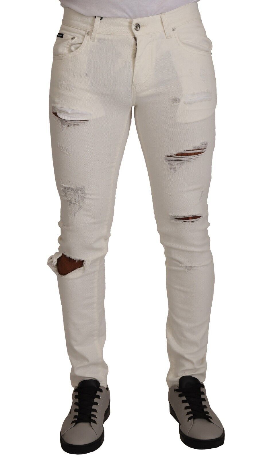 New Dolce & Gabbana White Tattered Skinny Cotton Men Denim Jeans