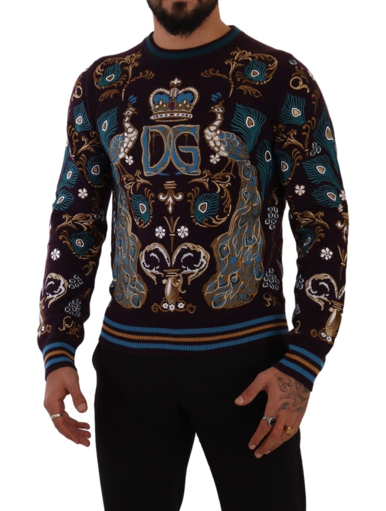 New Dolce & Gabbana Burgundy Cashmere DG Crown Embroidered Sweater
