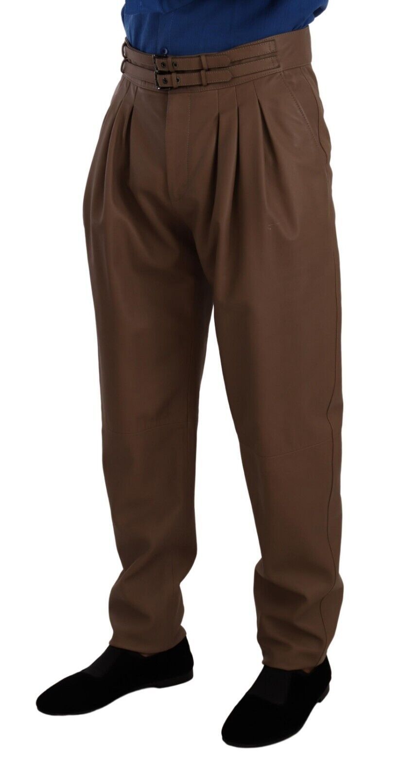 New Dolce & Gabbana Brown Leather Tapered High Waist Pants