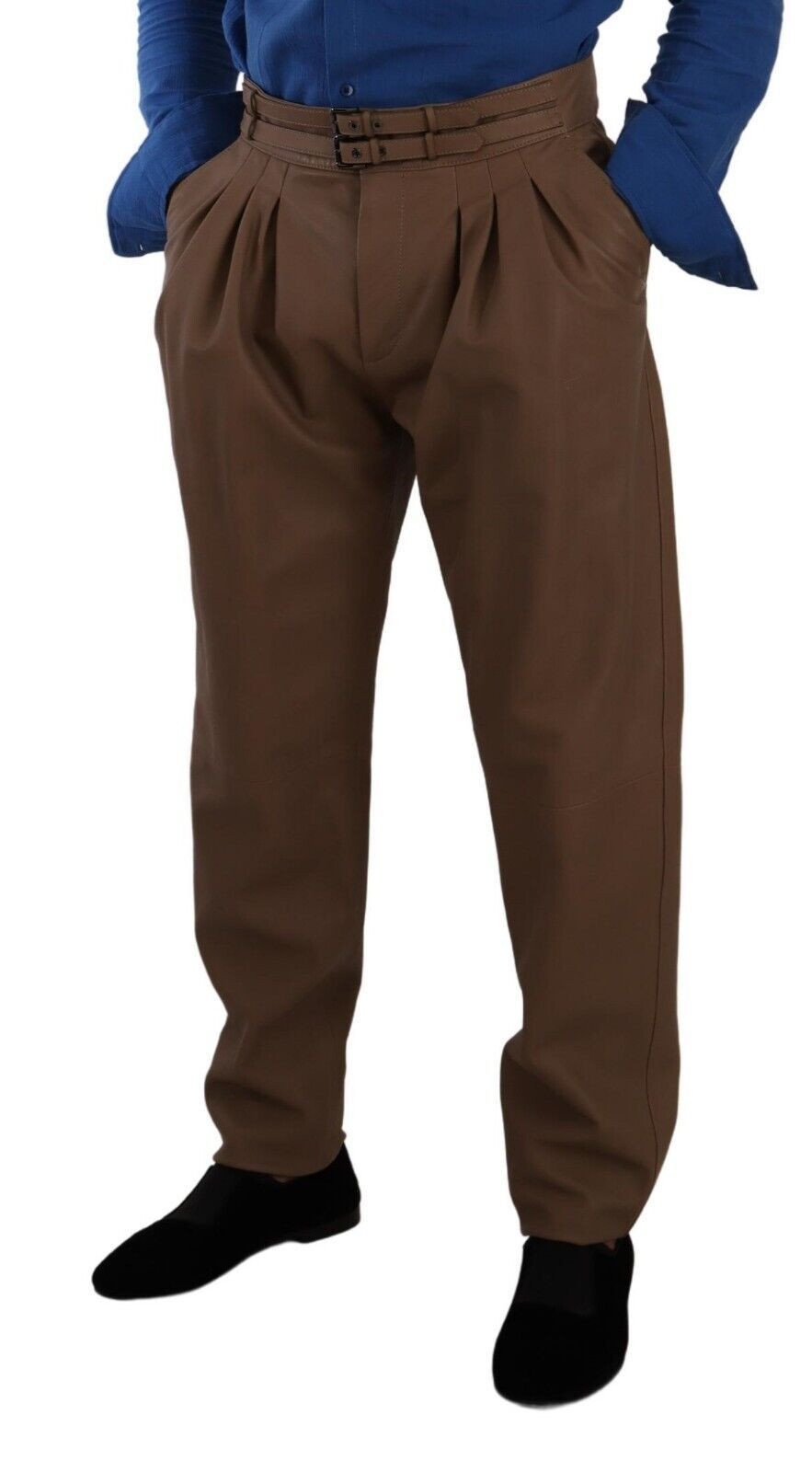 New Dolce & Gabbana Brown Leather Tapered High Waist Pants
