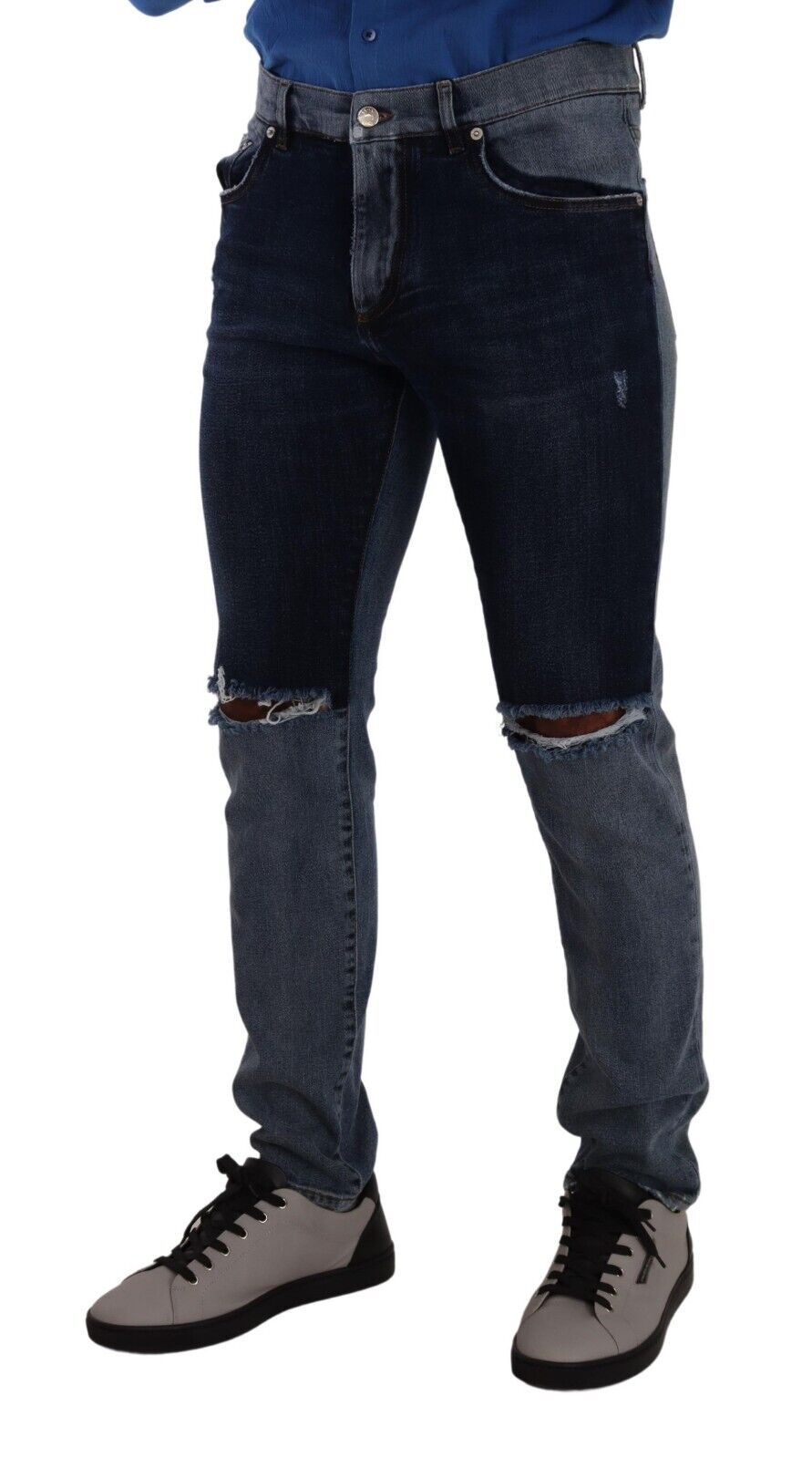 New Dolce & Gabbana Blue Two Tone Tattered Cotton Slim Denim Jeans