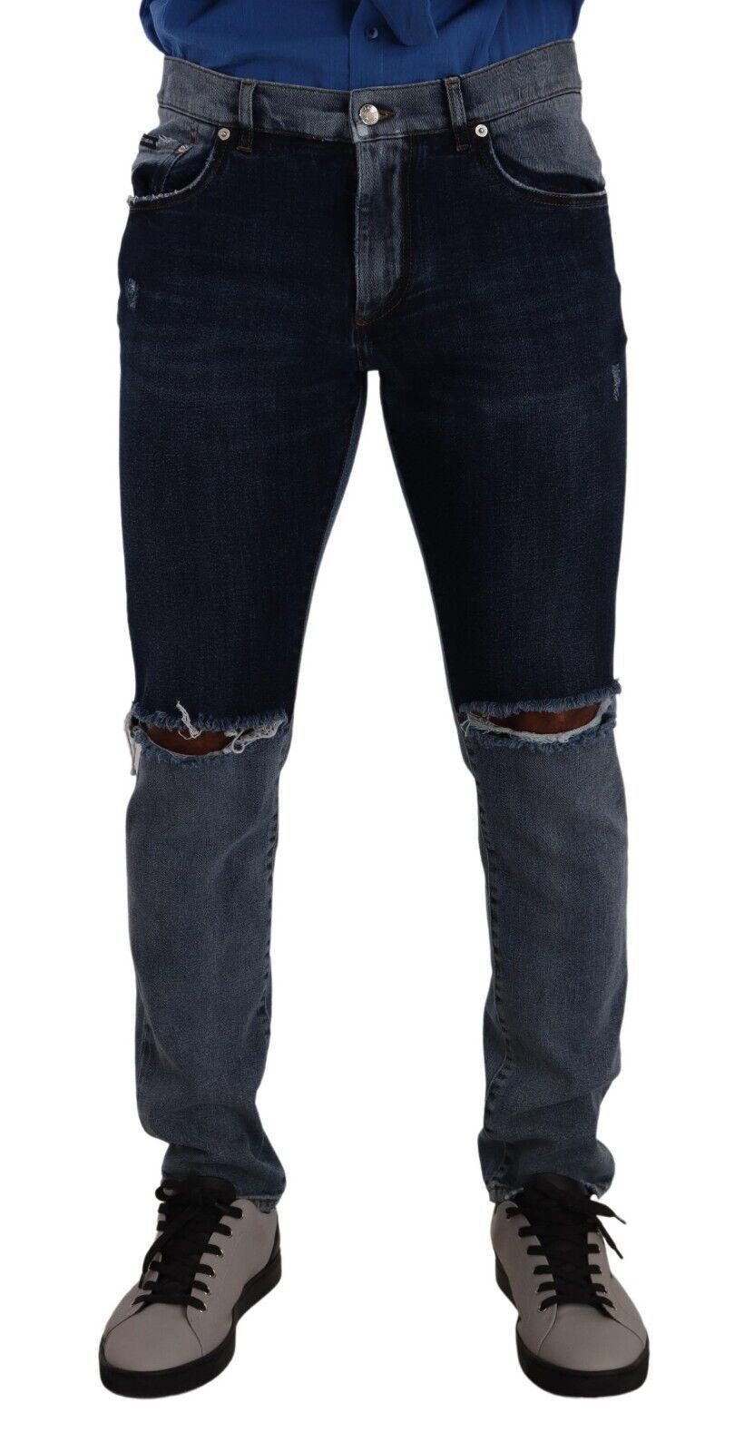 New Dolce & Gabbana Blue Two Tone Tattered Cotton Slim Denim Jeans
