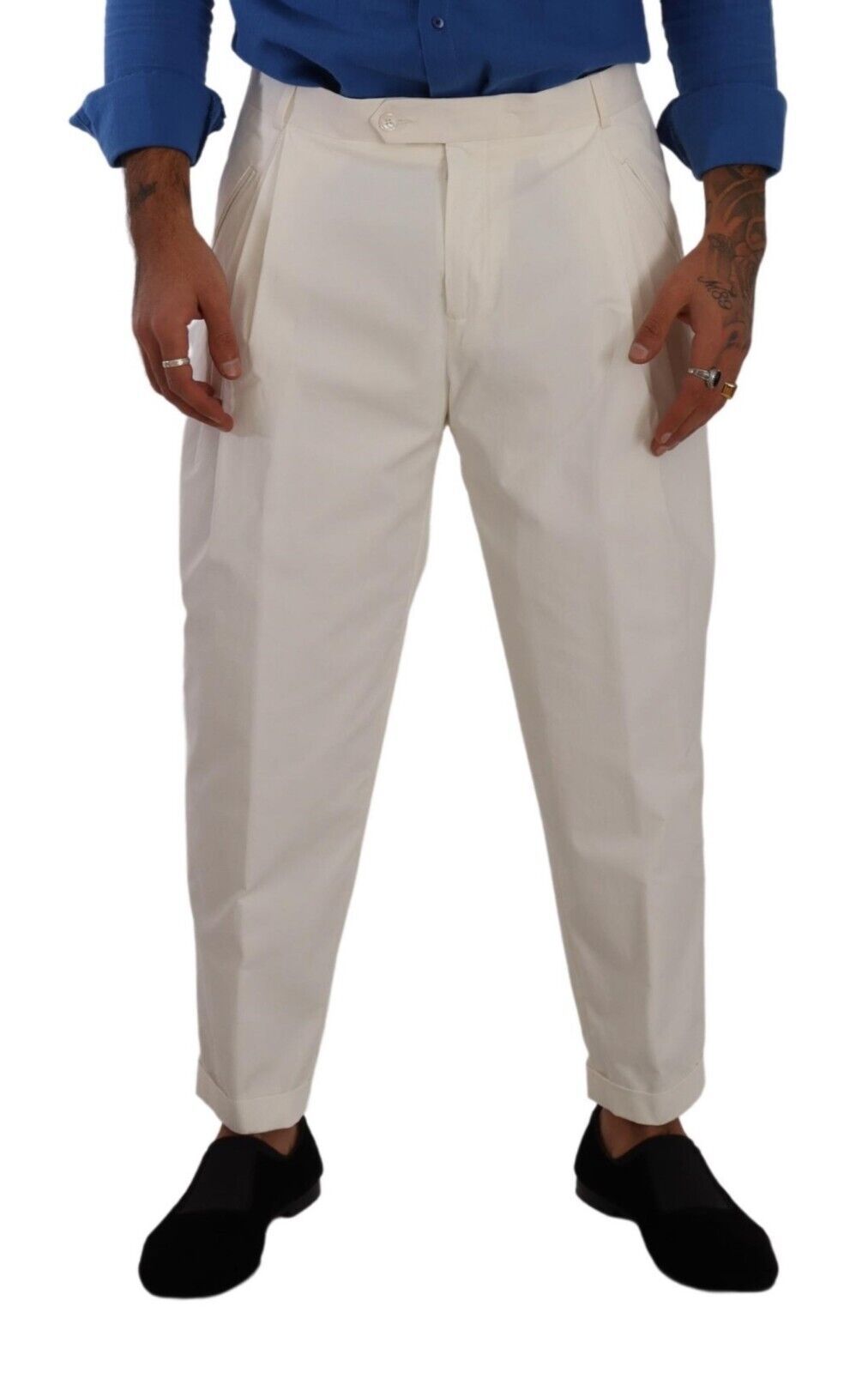 New Dolce & Gabbana White Cotton Tapered Men Trouser Dress Pants