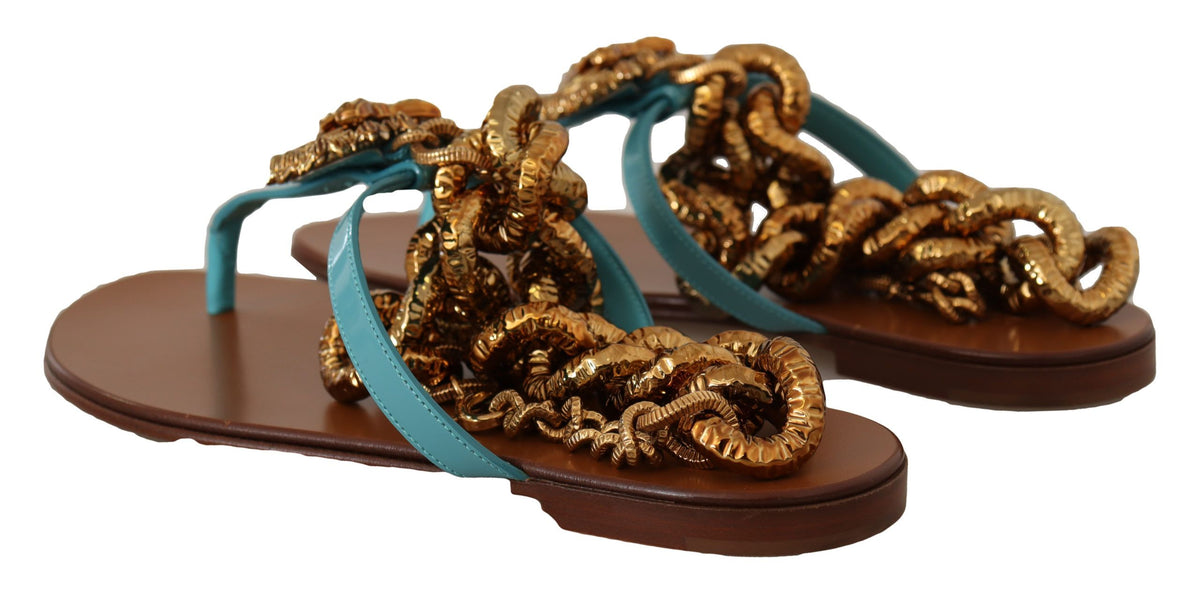 New Dolce & Gabbana Blue Leather Devotion Flats Sandals