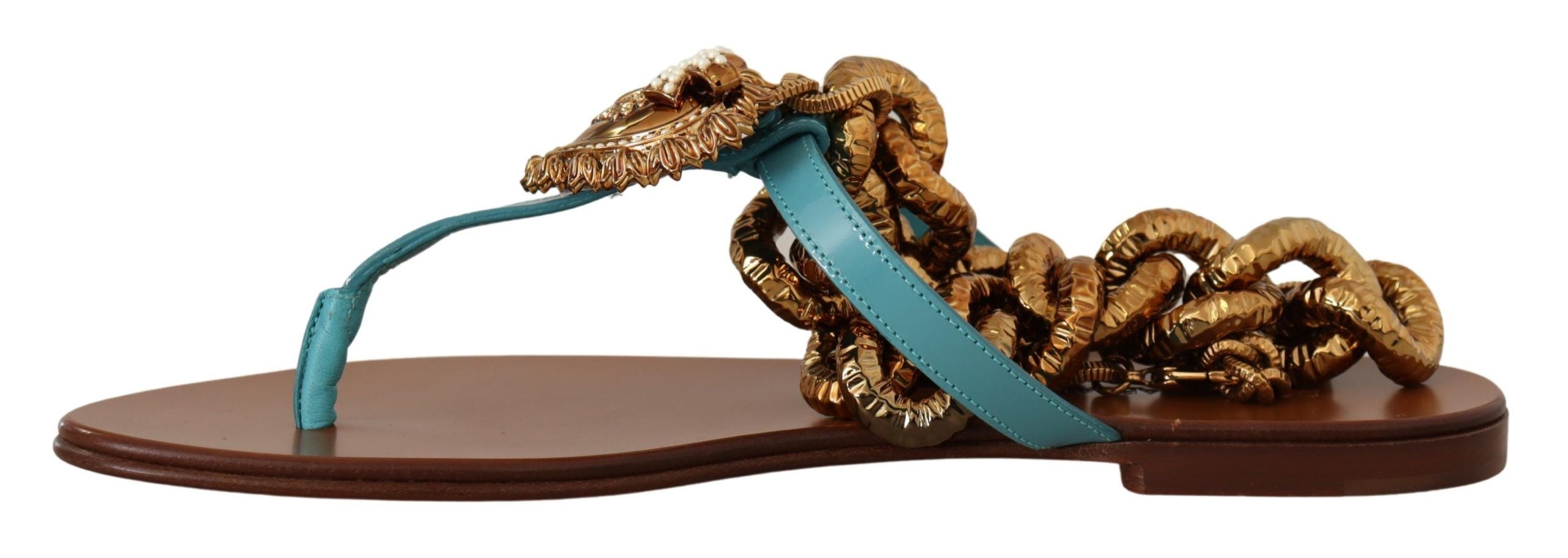New Dolce & Gabbana Blue Leather Devotion Flats Sandals