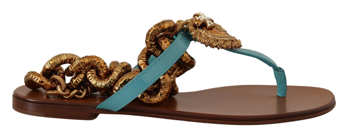 New Dolce & Gabbana Blue Leather Devotion Flats Sandals