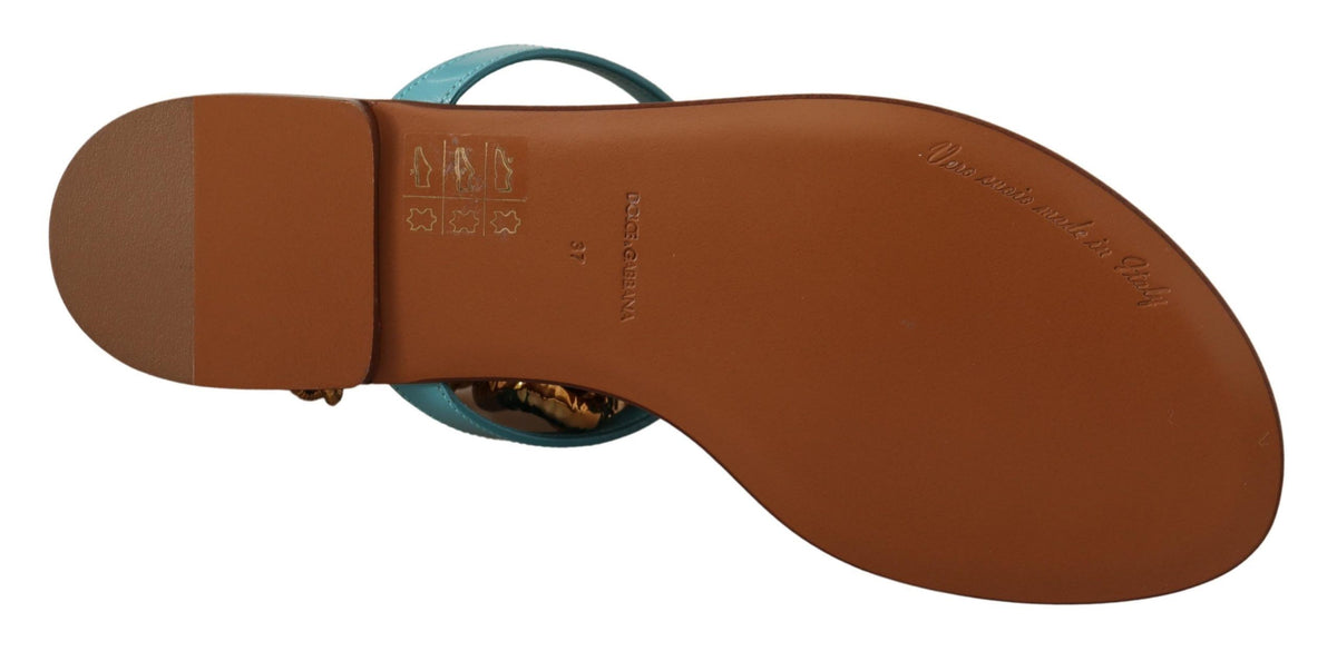 New Dolce & Gabbana Blue Leather Devotion Flats Sandals