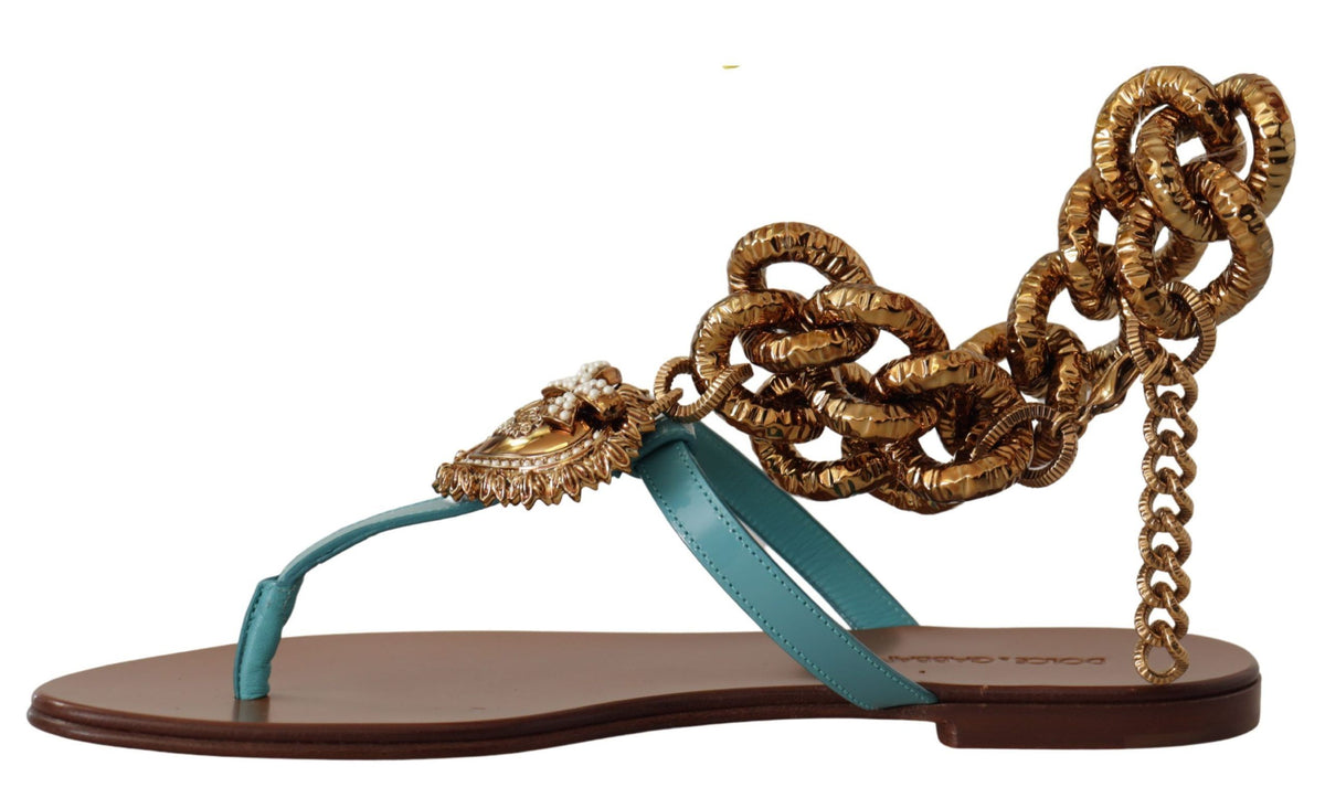 New Dolce & Gabbana Blue Leather Devotion Flats Sandals