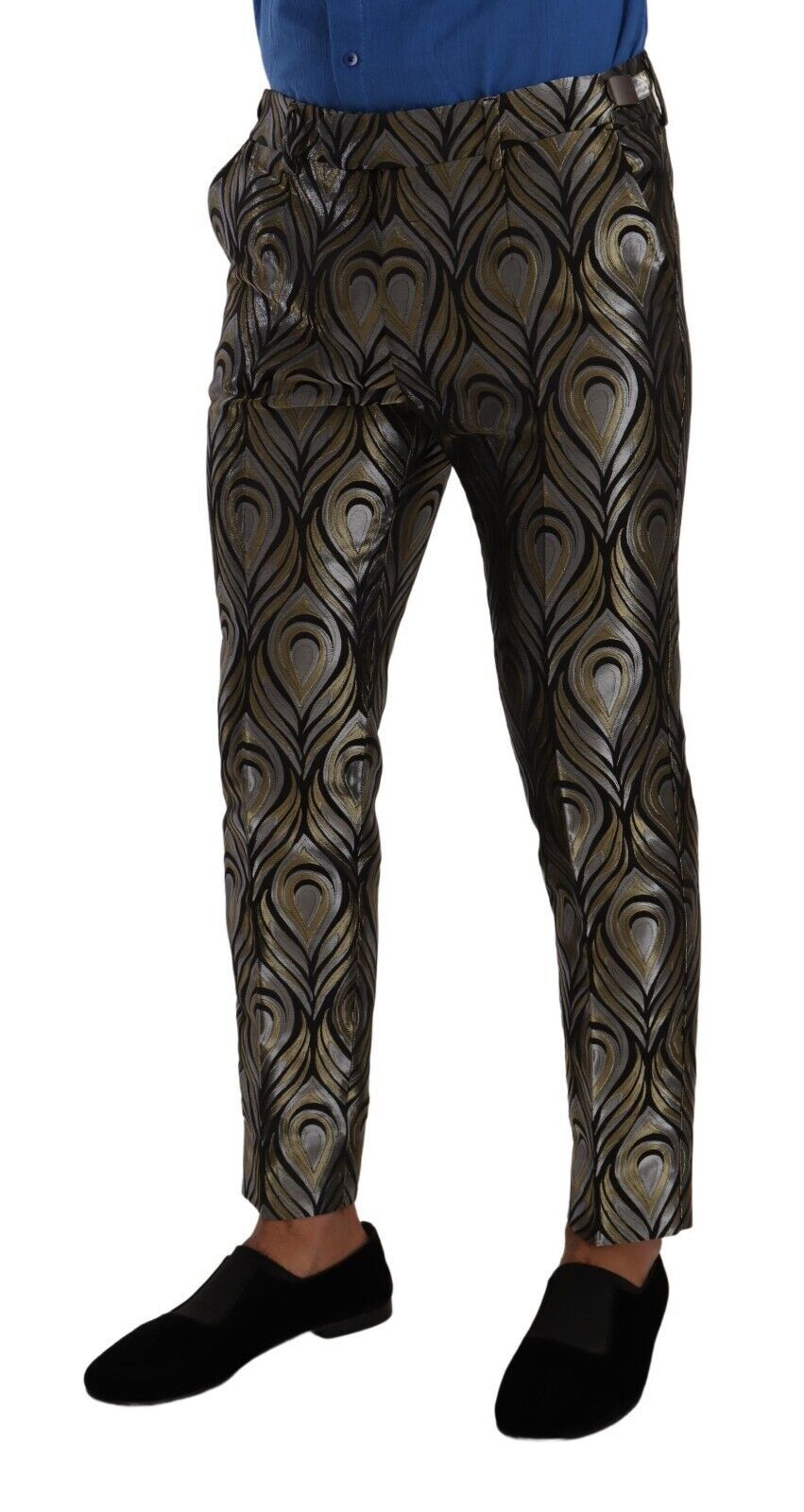 New Dolce & Gabbana Silver Gold Jacquard Men Trouser Dress Pants