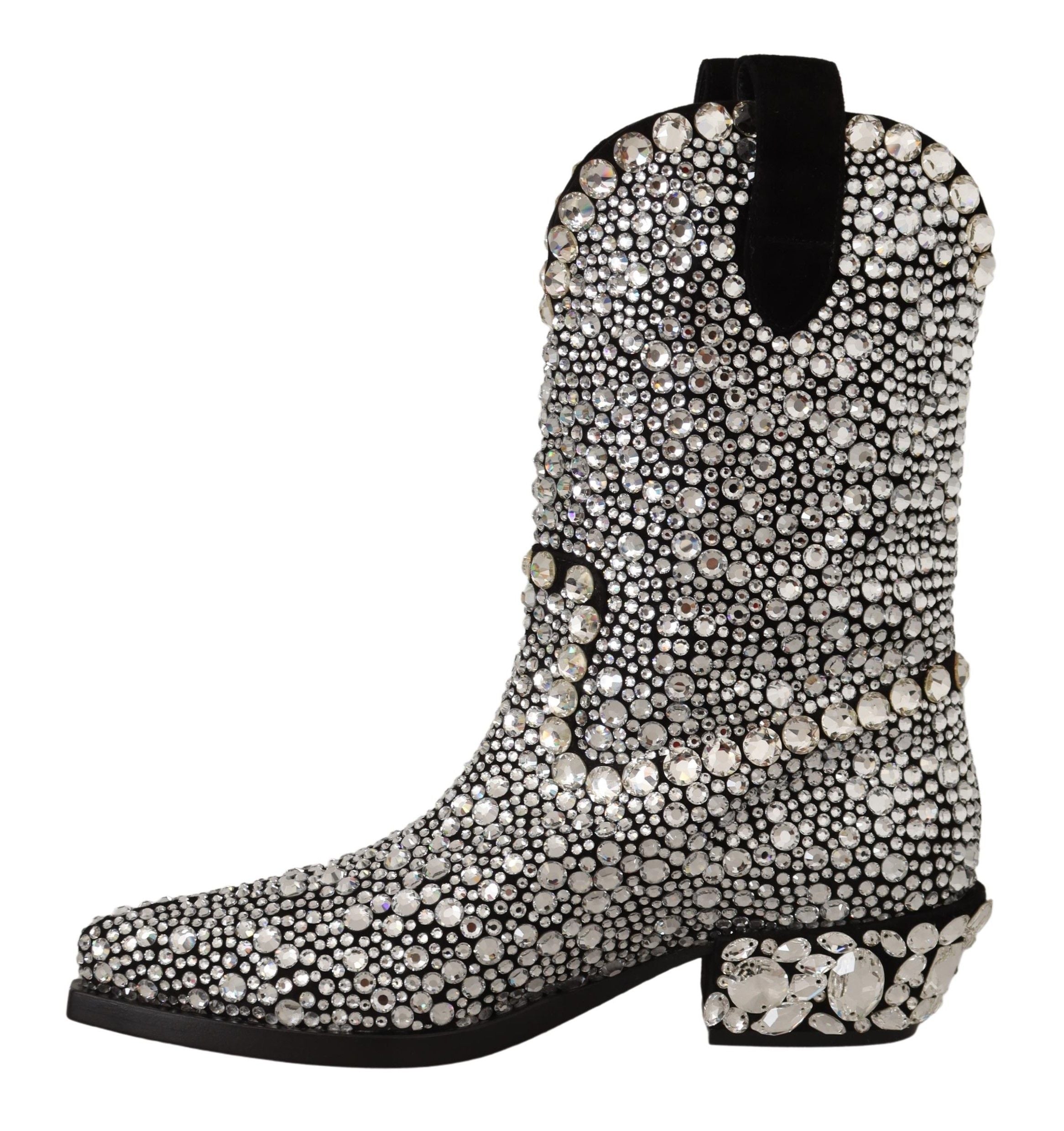 New Dolce & Gabbana Black Suede Strass Crystal Cowgirl Boots