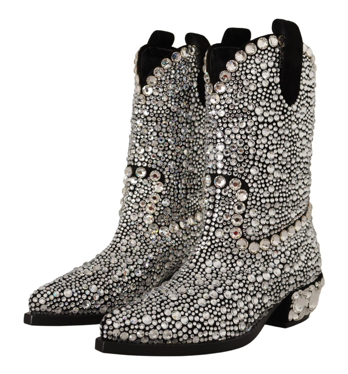 New Dolce & Gabbana Black Suede Strass Crystal Cowgirl Boots