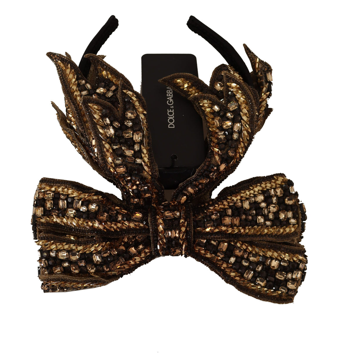 New Dolce & Gabbana Gold Crystal Beaded Sequined Silk Bow Headband Diadem