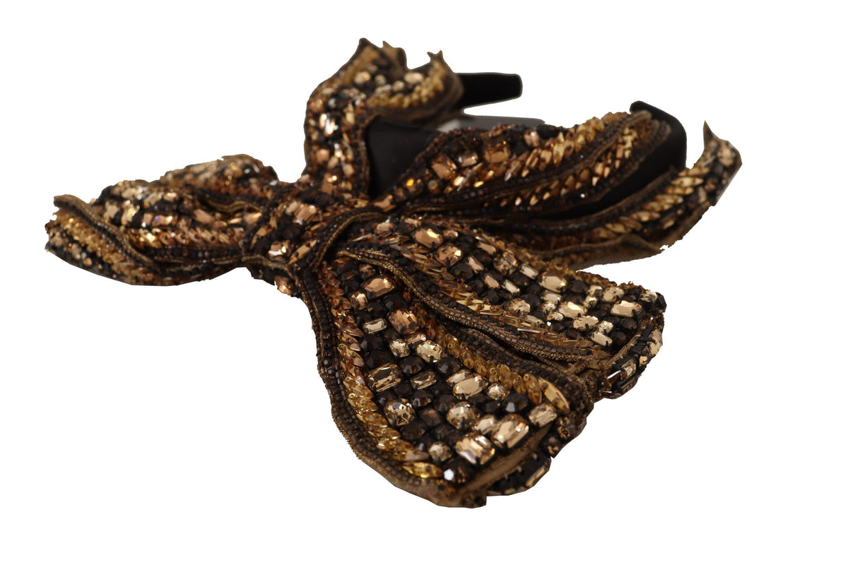 New Dolce & Gabbana Gold Crystal Beaded Sequined Silk Bow Headband Diadem