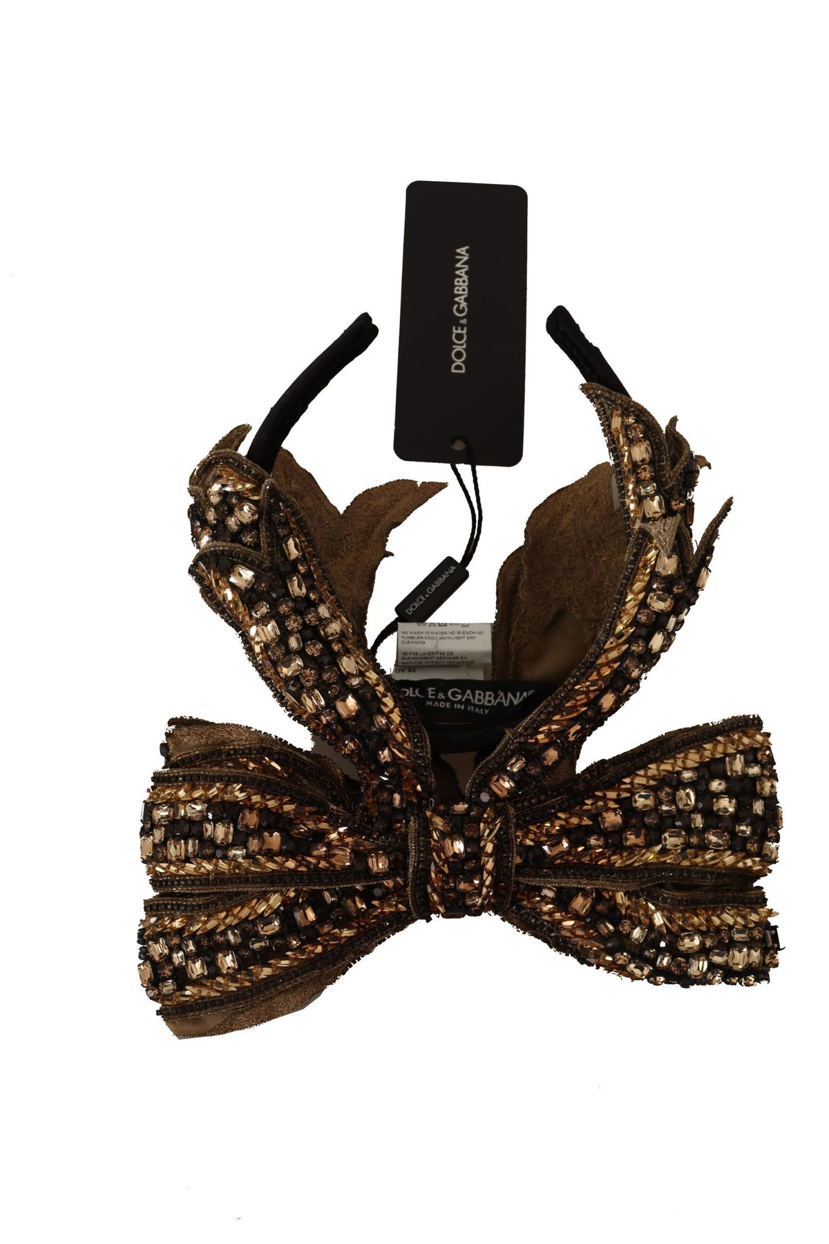 New Dolce & Gabbana Gold Crystal Beaded Sequined Silk Bow Headband Diadem