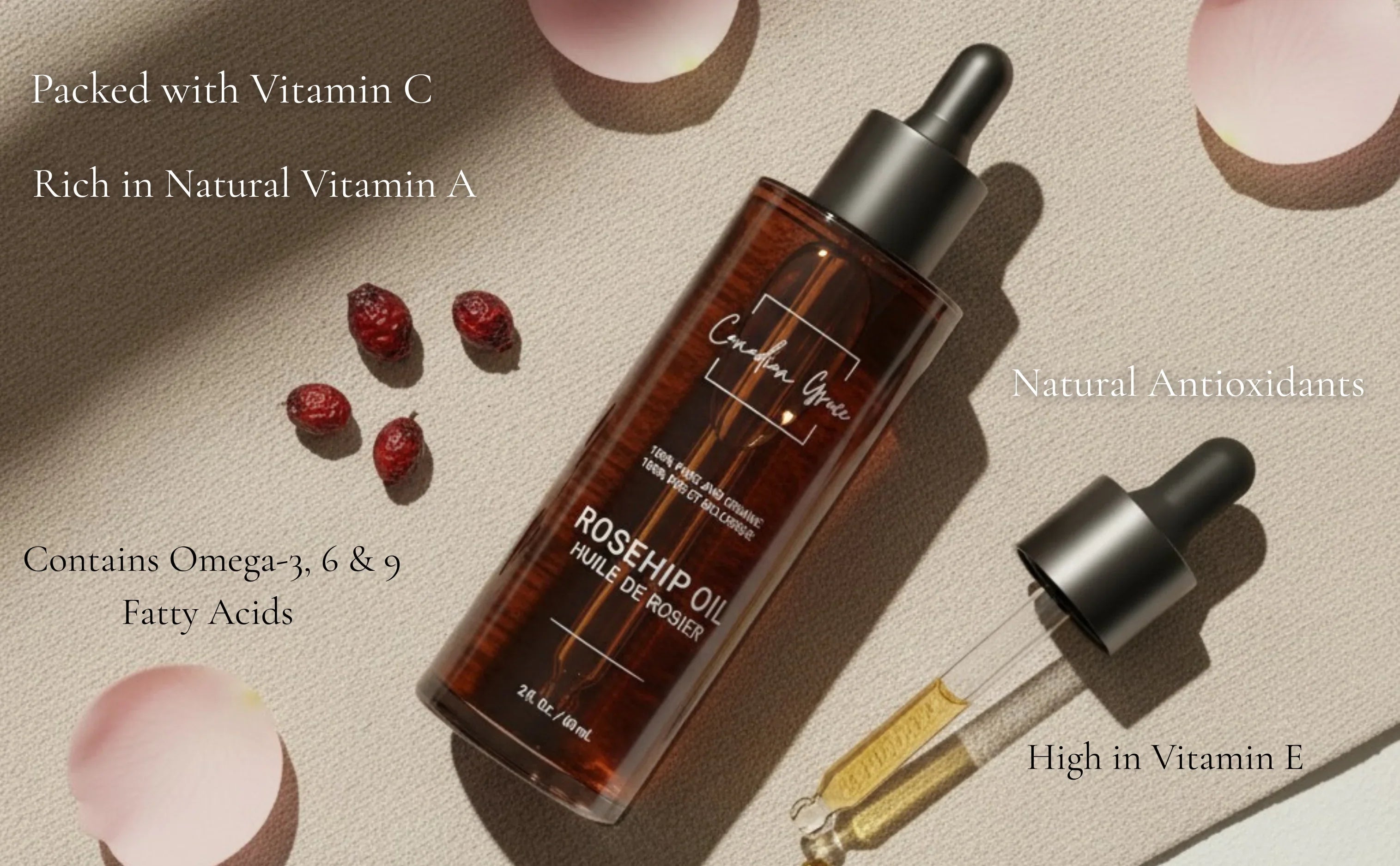 Canadian Grace 100% Organic Rosehip Oil – For Fine Lines, Uneven Tone & Brighter-Looking Skin