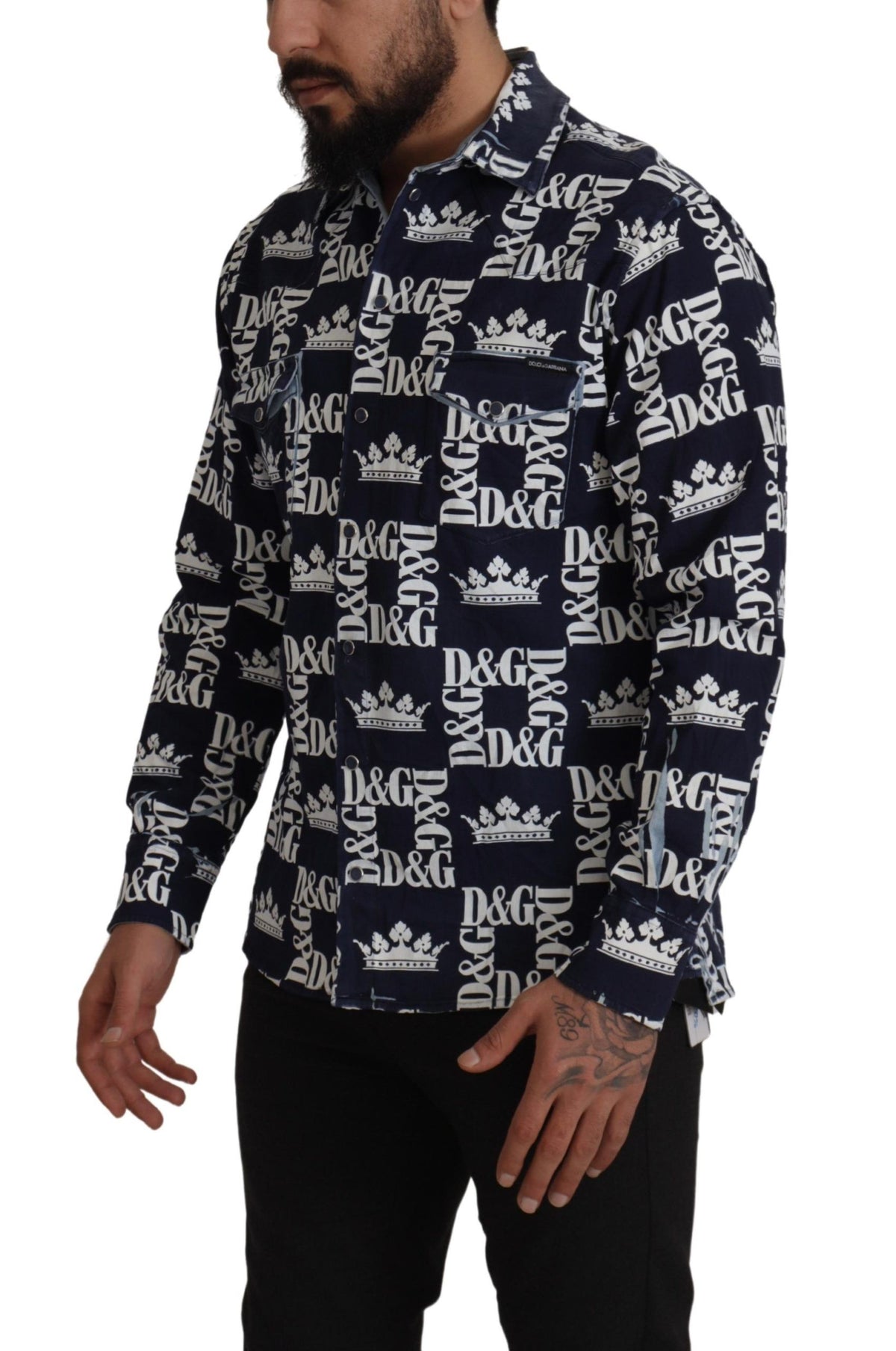 New Dolce & Gabbana Blue Denim Stretch DG Crown Logo Casual Shirt