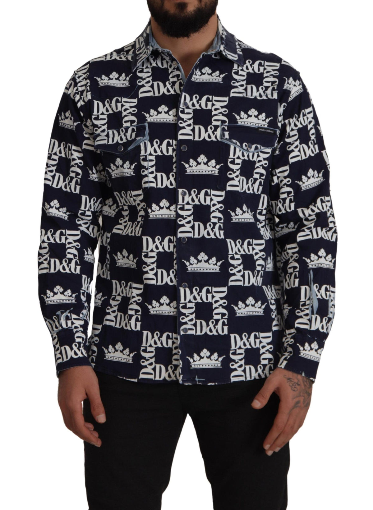 New Dolce & Gabbana Blue Denim Stretch DG Crown Logo Casual Shirt