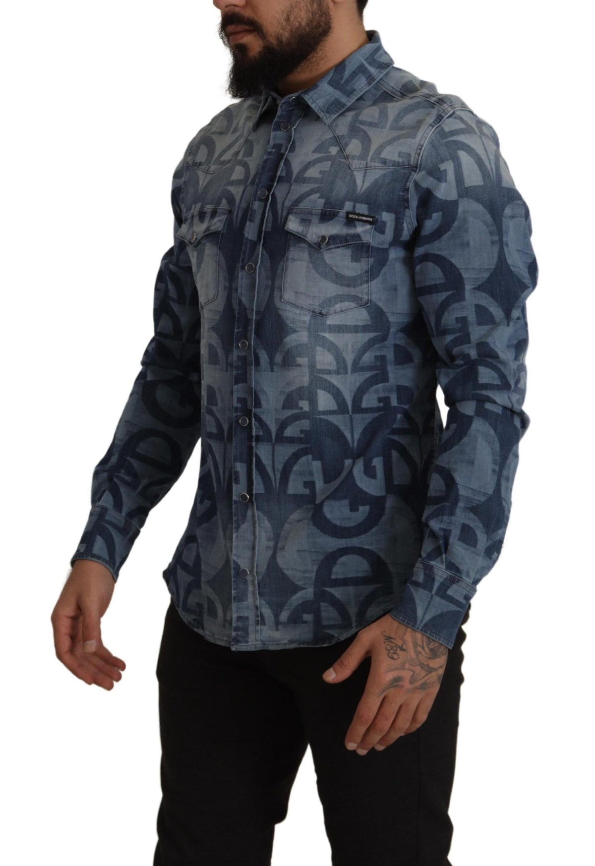 New Dolce & Gabbana Blue Denim Stretch DG Logo Casual Mens Slim Shirt