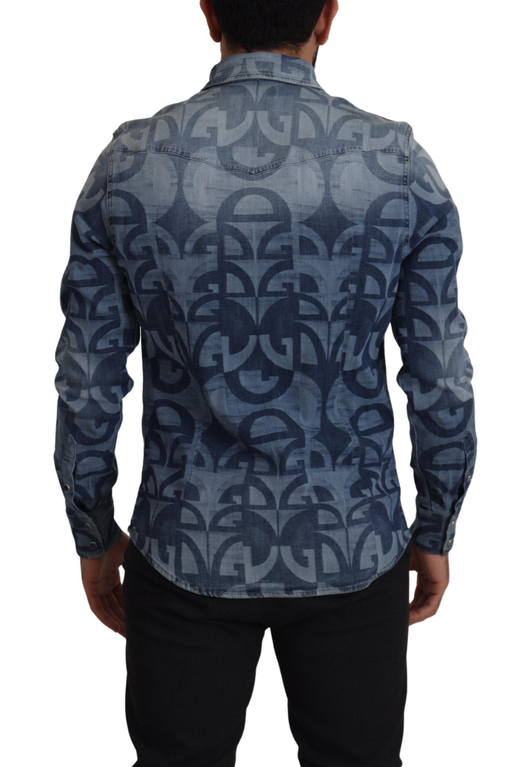 New Dolce & Gabbana Blue Denim Stretch DG Logo Casual Mens Slim Shirt