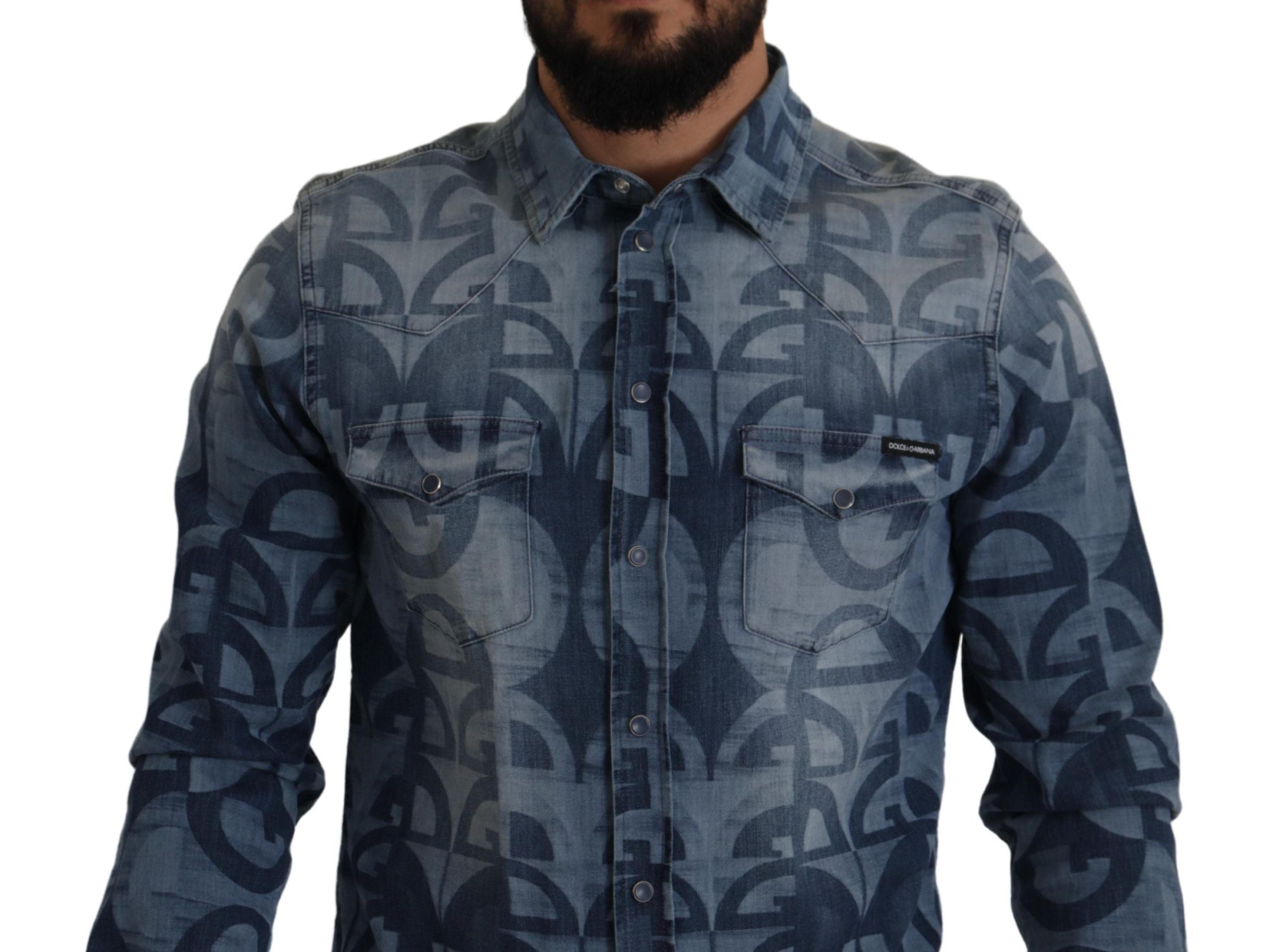 New Dolce & Gabbana Blue Denim Stretch DG Logo Casual Mens Slim Shirt