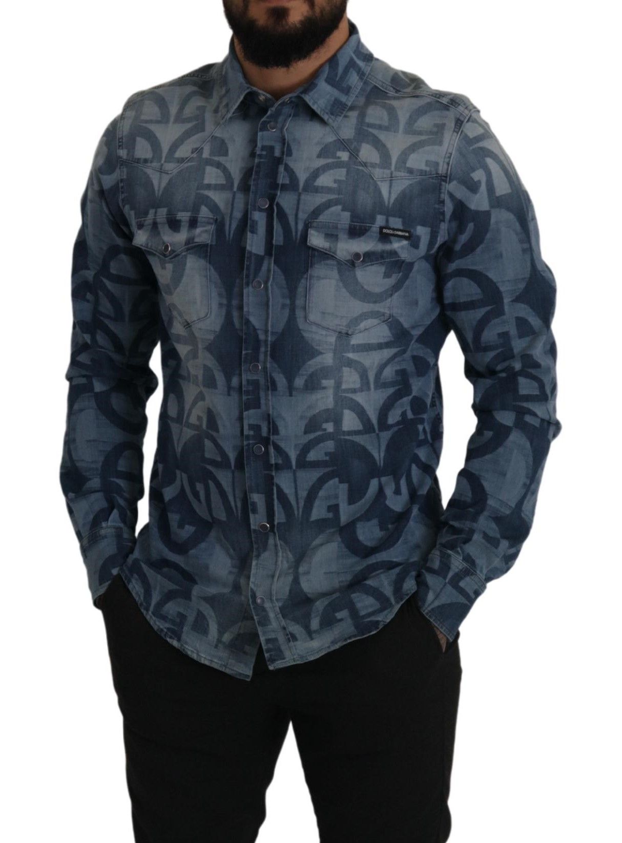 New Dolce & Gabbana Blue Denim Stretch DG Logo Casual Mens Slim Shirt